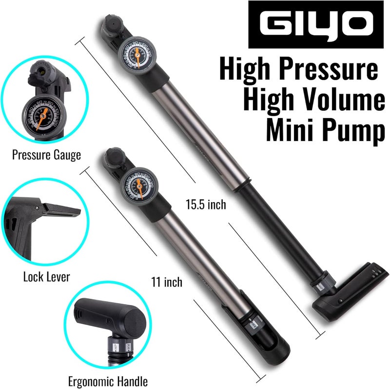 Giyo Mini Bike Pump with Gauge 2 Stage HP/HV 120 PSI Schrader & Presta Bike Tire Pump | Easy Inflation for Road & MTB | Frame Mount Included | Taiwan Made (GP-993) - Image 2